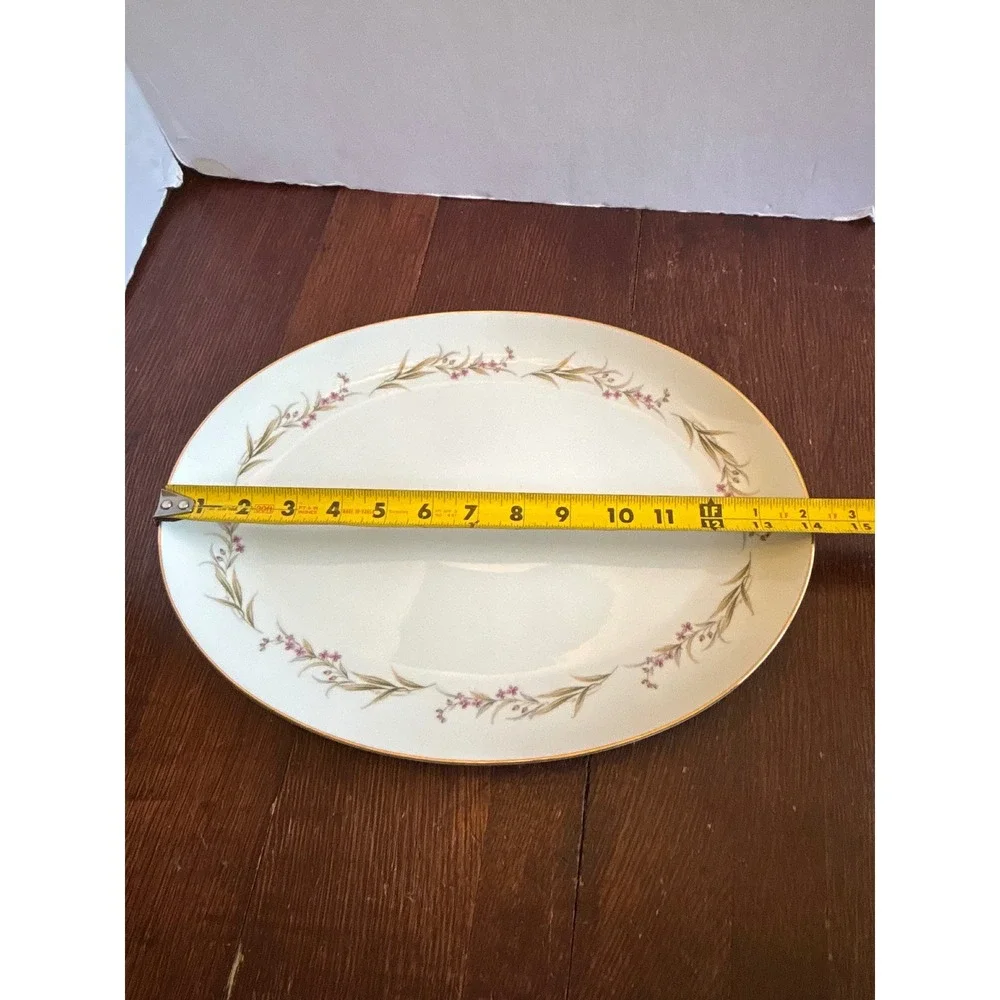 Prestige Fine China Japan Oval Serving Platter Pink Floral Gold Rim 14 Inch